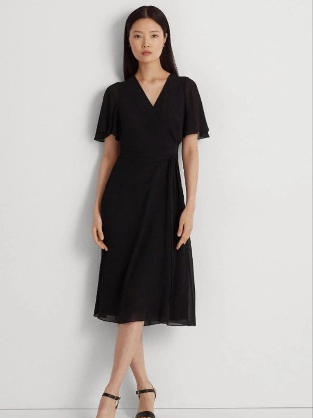 $145 Lauren Ralph Lauren Belted Georgette Dress Black Size 2
